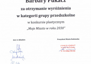 Dyplom za zdobycie wyróżnienia dla Barbary Pukacz.
